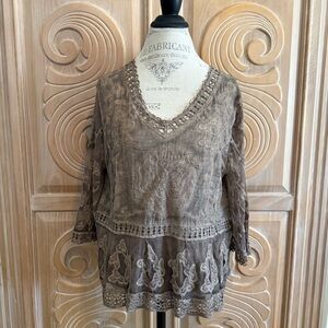 Ultra Pink Embroidered with Crochet & Mesh Detail Blouse - Brown Size Large
